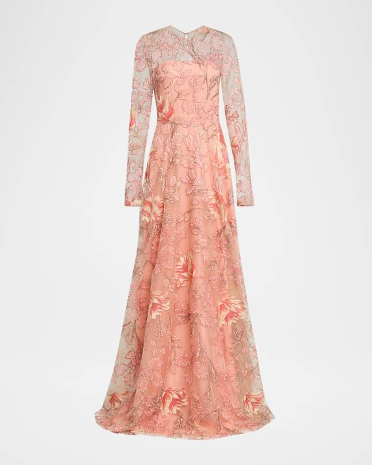 Metallic Floral Embroidered Long-Sleeve Illusion Gown by NAEEM KHAN