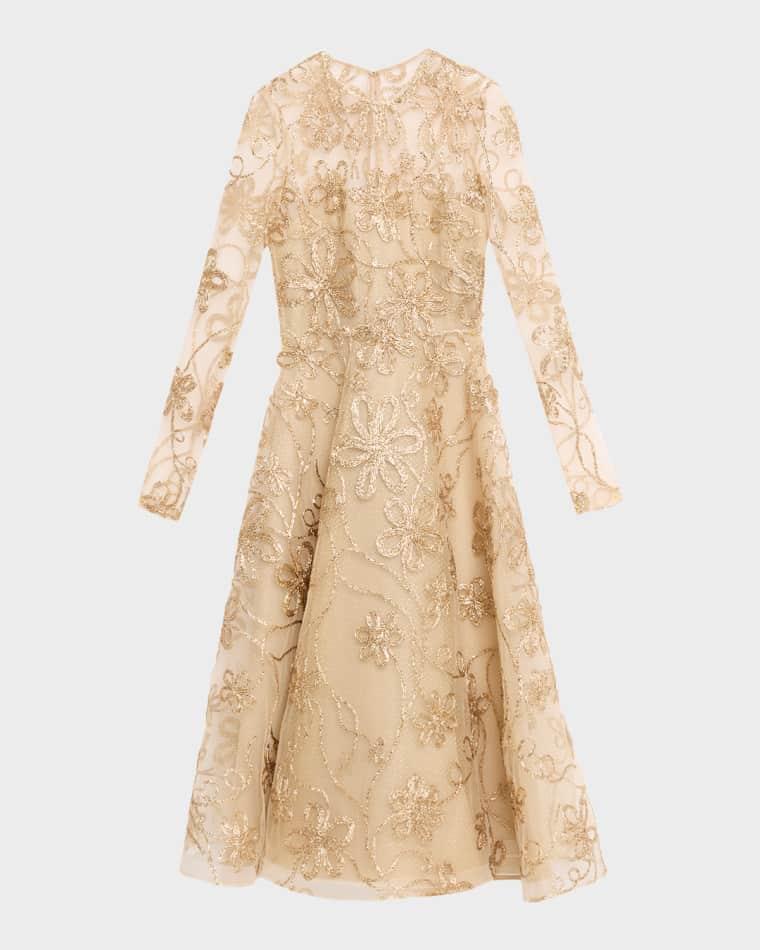 Metallic Raffia Embroidered Long-Sleeve Illusion Midi Dress by NAEEM KHAN