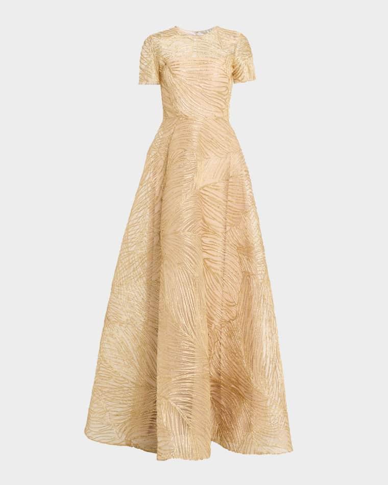 Metallic Raffia Embroidered Short-Sleeve Gown by NAEEM KHAN