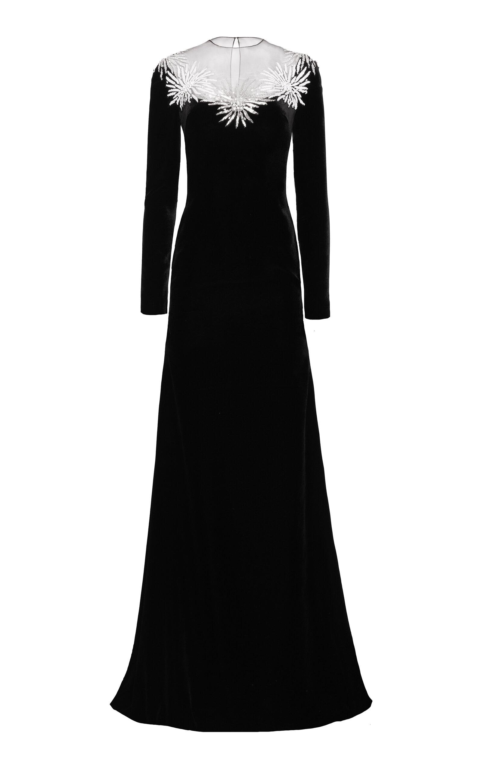 Naeem Khan Embellished Neckline Long Sleeve Fit-And-Flare Velvet Gown - Moda Operandi by NAEEM KHAN