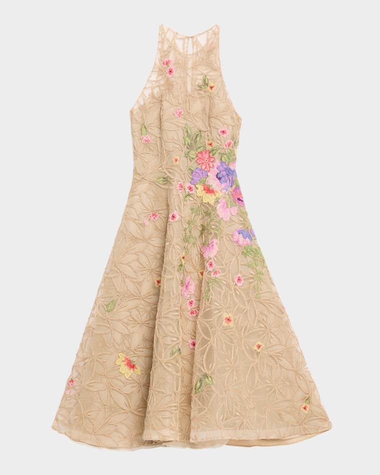 Raffia Floral Embroidered Sleeveless Midi Dress by NAEEM KHAN