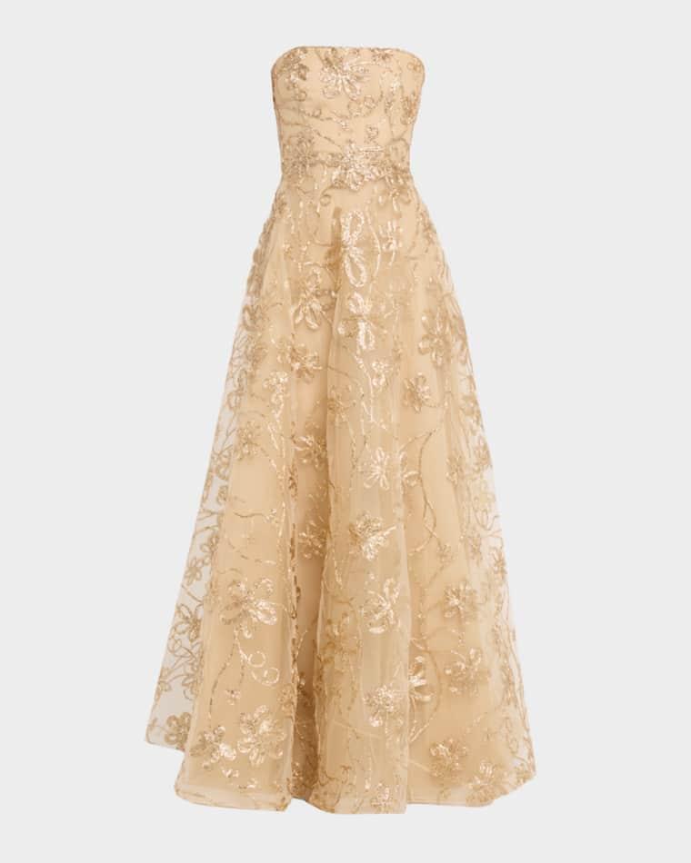 Strapless Metallic Raffia Embroidered Gown by NAEEM KHAN