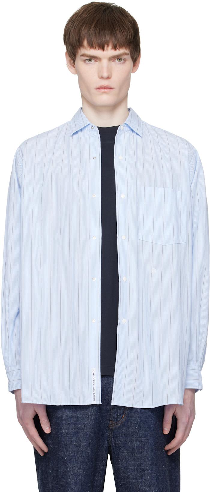 Blue Regular Collar Stripe Wind Shirt by NANAMICA