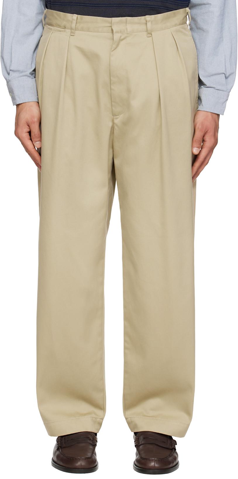 Khaki Double Pleated Chino Trousers by NANAMICA