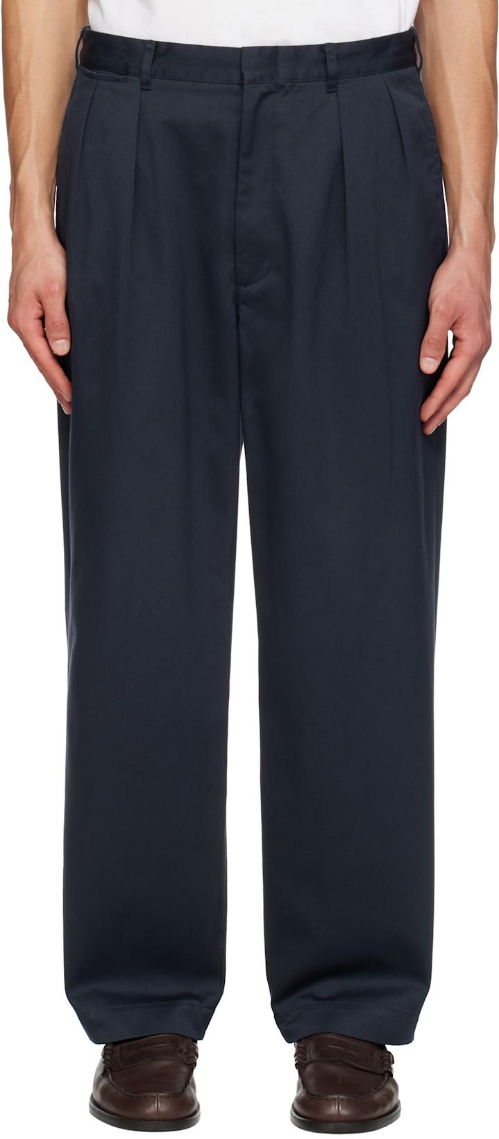 Navy Double Pleated Chino Trousers by NANAMICA