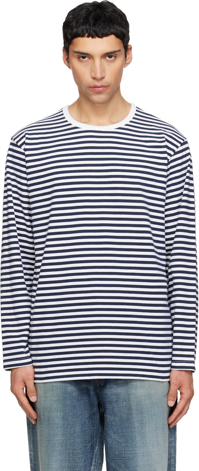 Navy & White COOLMAX Stripe Jersey L/S T-shirt by NANAMICA
