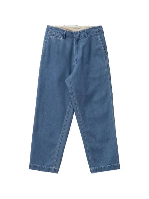 wide denim trousers by NANAMICA