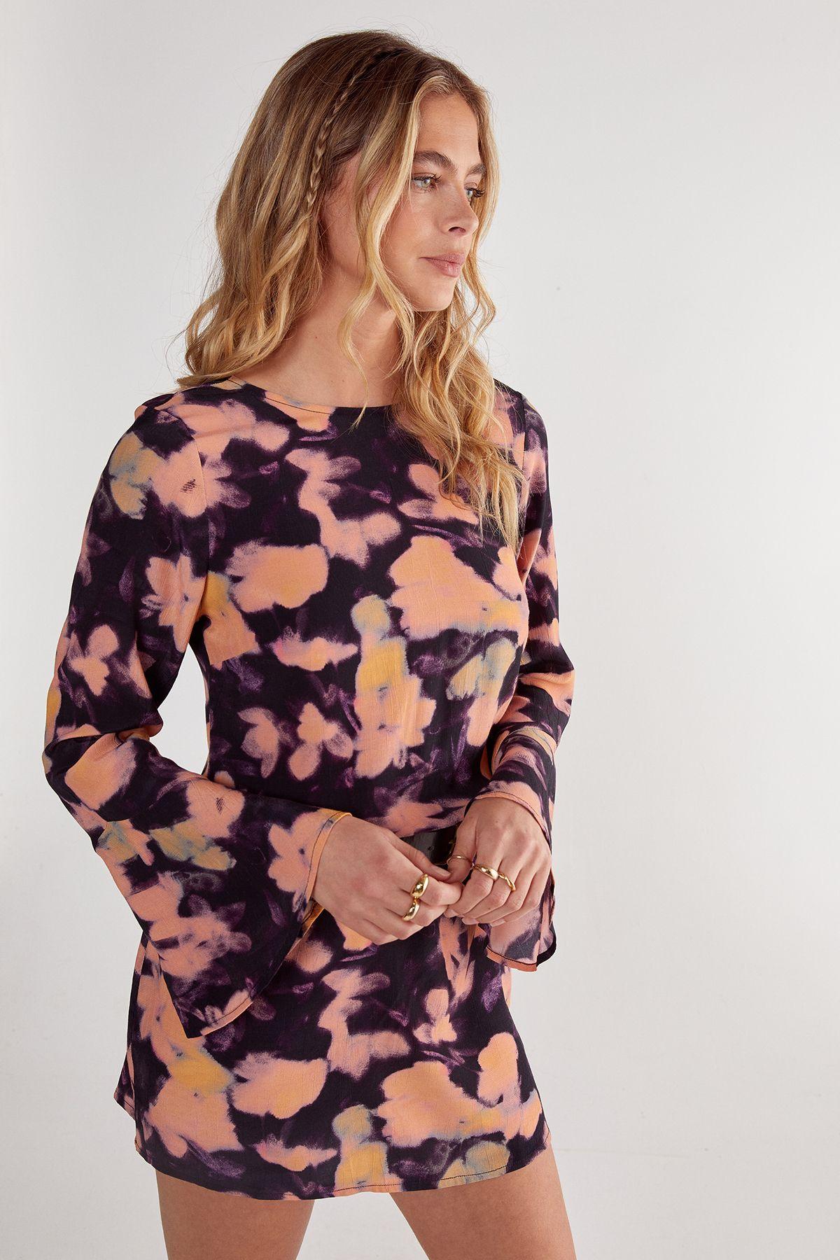 Blurred Floral Fluted Sleeve Mini Tunic Dress by NASTYGAL Blurred Floral Fluted Sleeve Mini Tunic Dress by NASTYGAL
