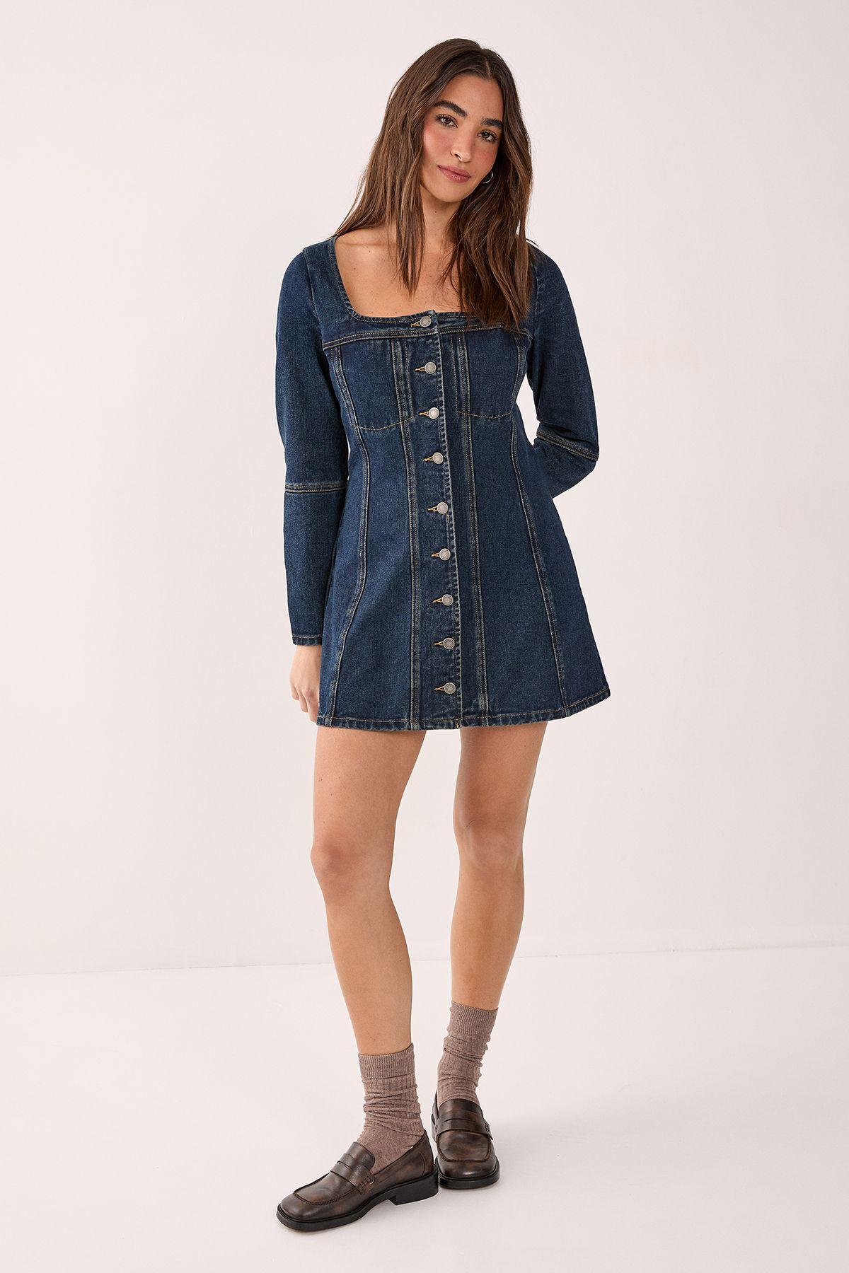 Button Through Long Sleeve Denim Corset Mini Dress by NASTYGAL
