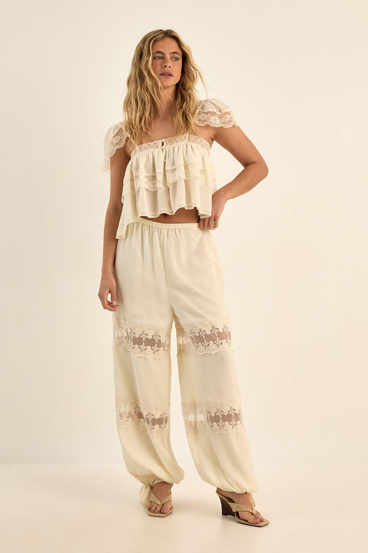 Chiffon Lace Trim Balloon Leg Tie Cuff Co-ord Trousers by NASTYGAL