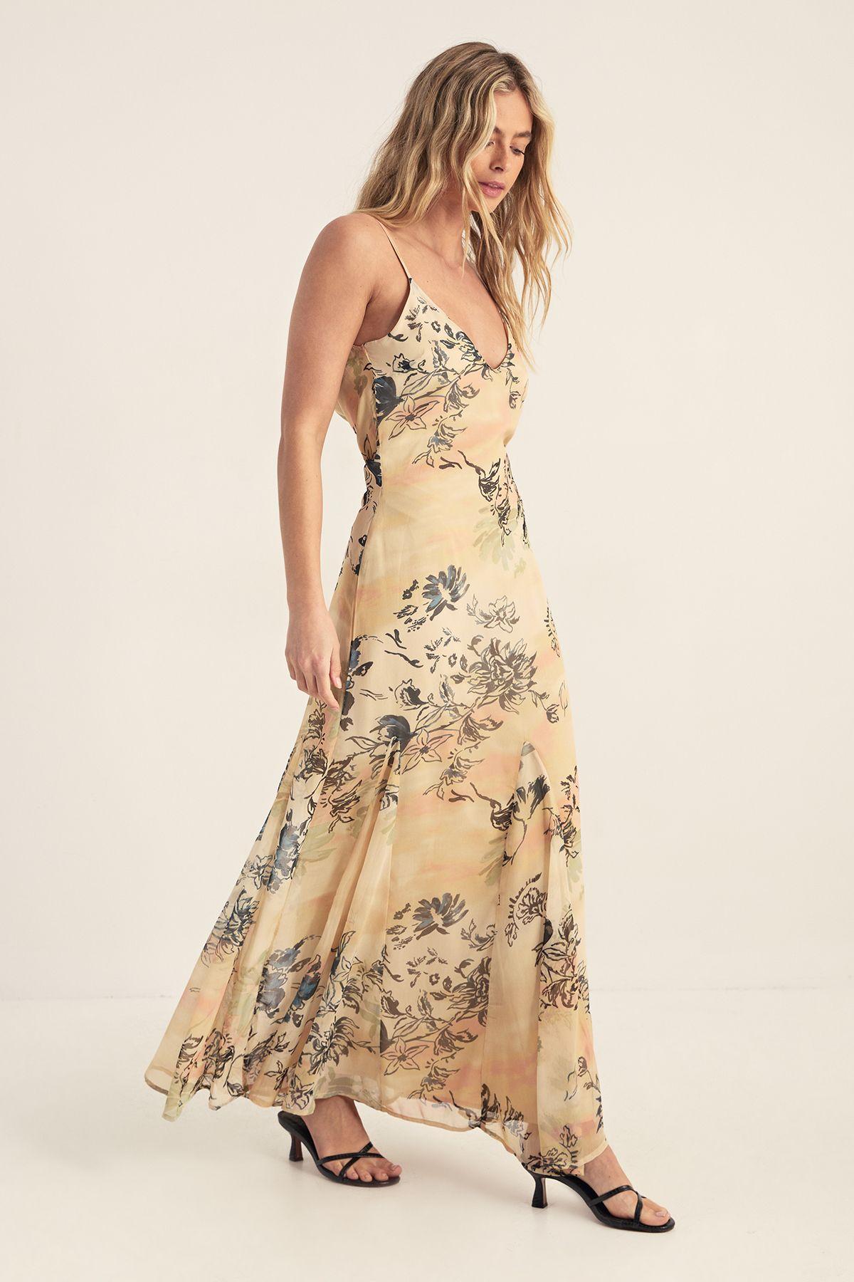 Chiffon Painted Floral Godet Cowl Maxi Dress by NASTYGAL