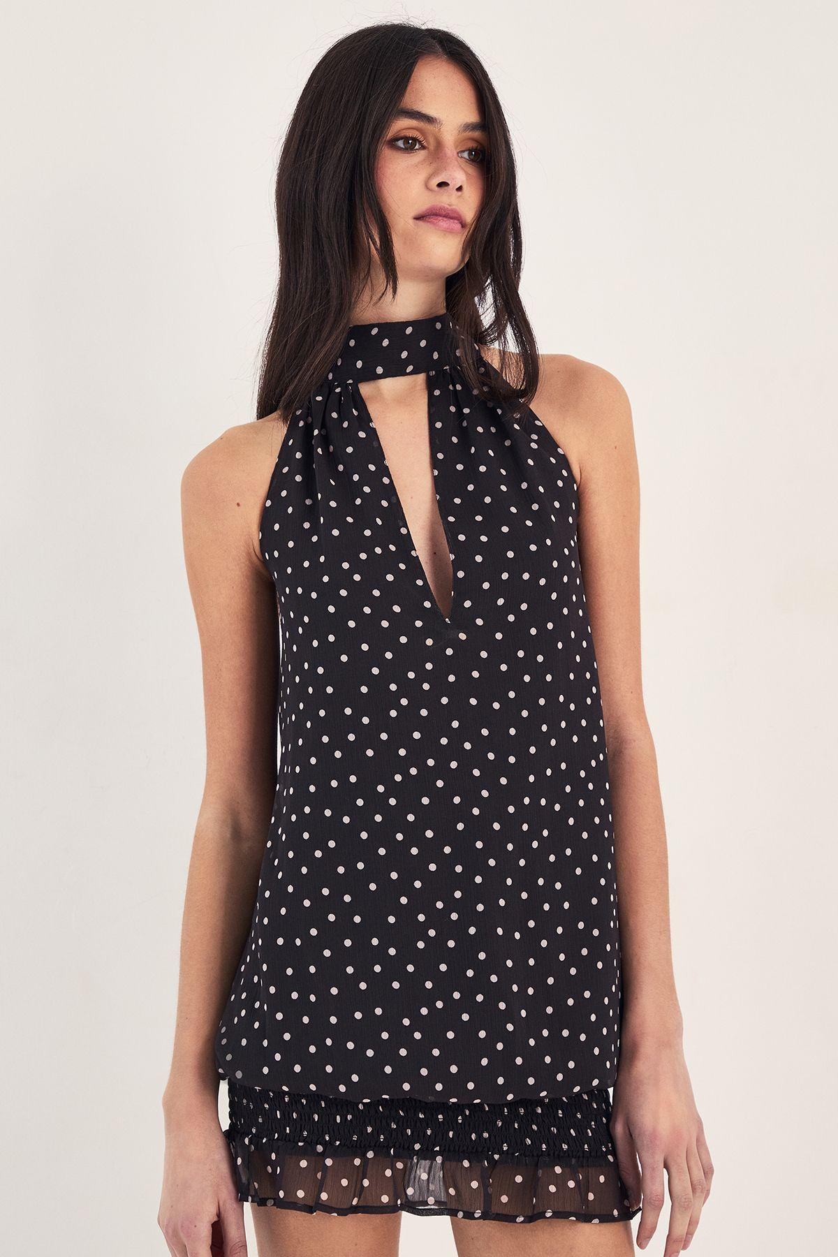 Chiffon Polka Dot Neck Tie Elasticated Hem Mini Dress by NASTYGAL