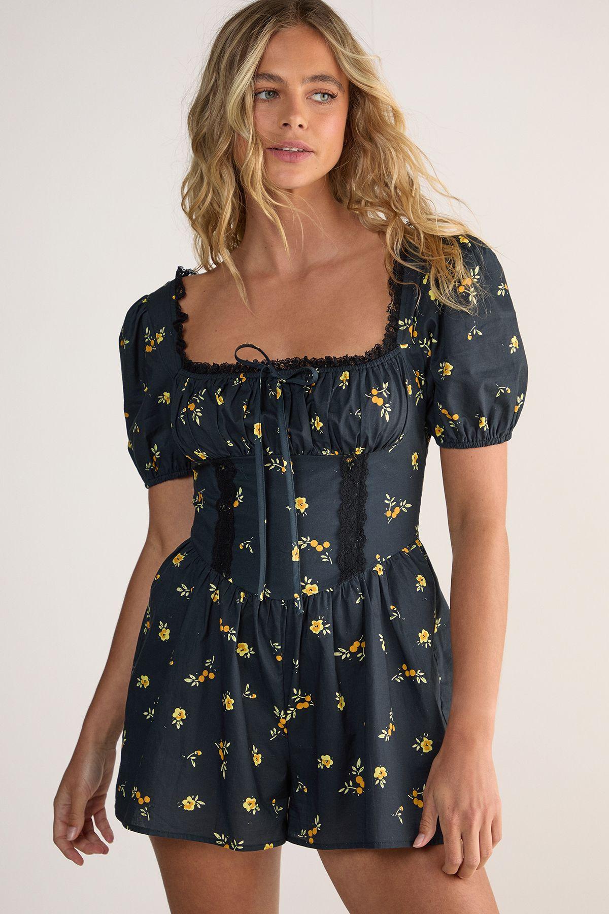 Cotton Ditsy Lace Trim Corset Puff Sleeve Romper by NASTYGAL