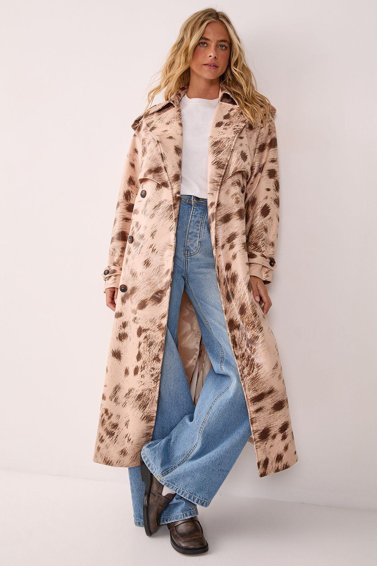 Cow Print Faux Leather Trench Coat by NASTYGAL
