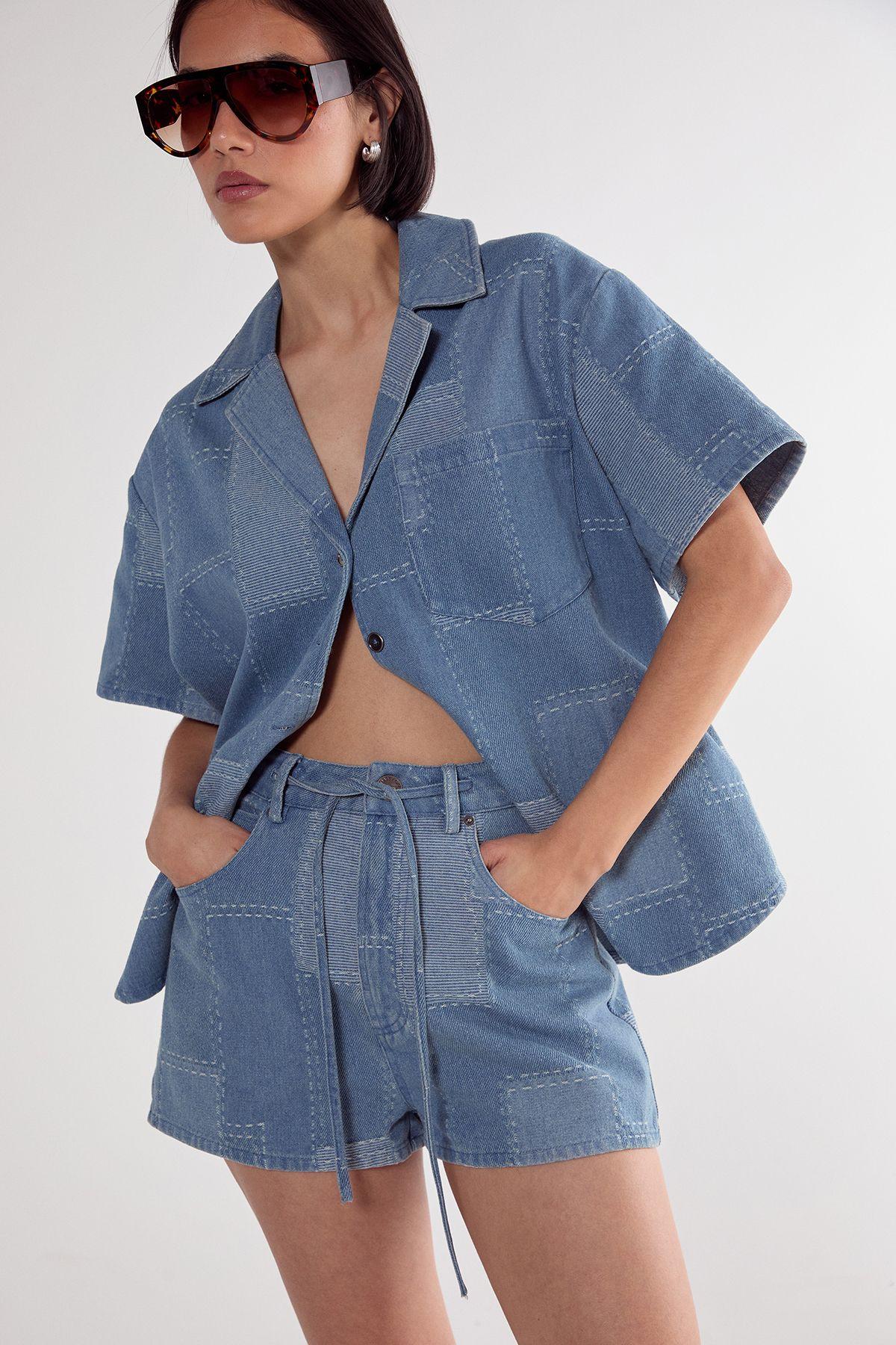 Denim Patchwork Contrast Stitch Tie Waist Shorts by NASTYGAL