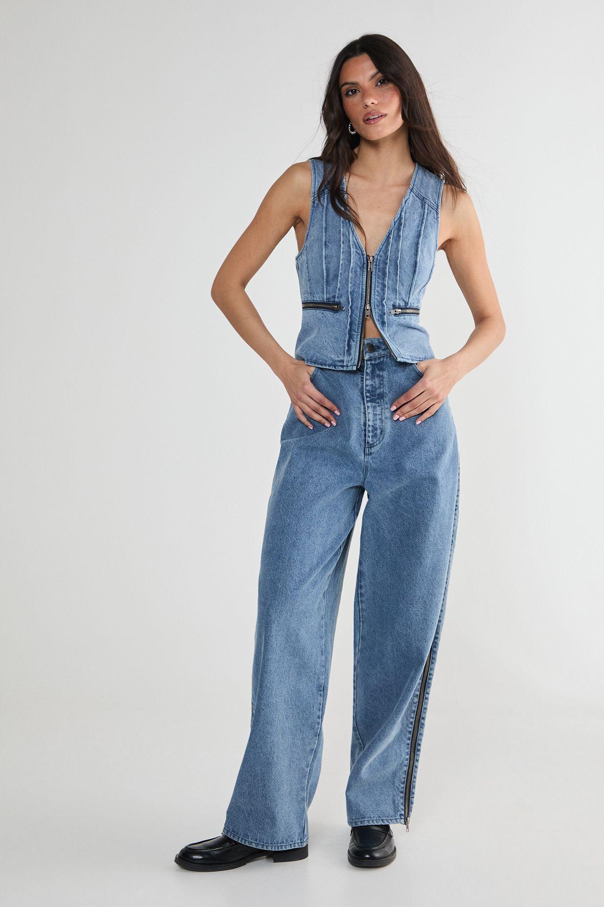 Denim Seam Detail Zip Waistcoat by NASTYGAL