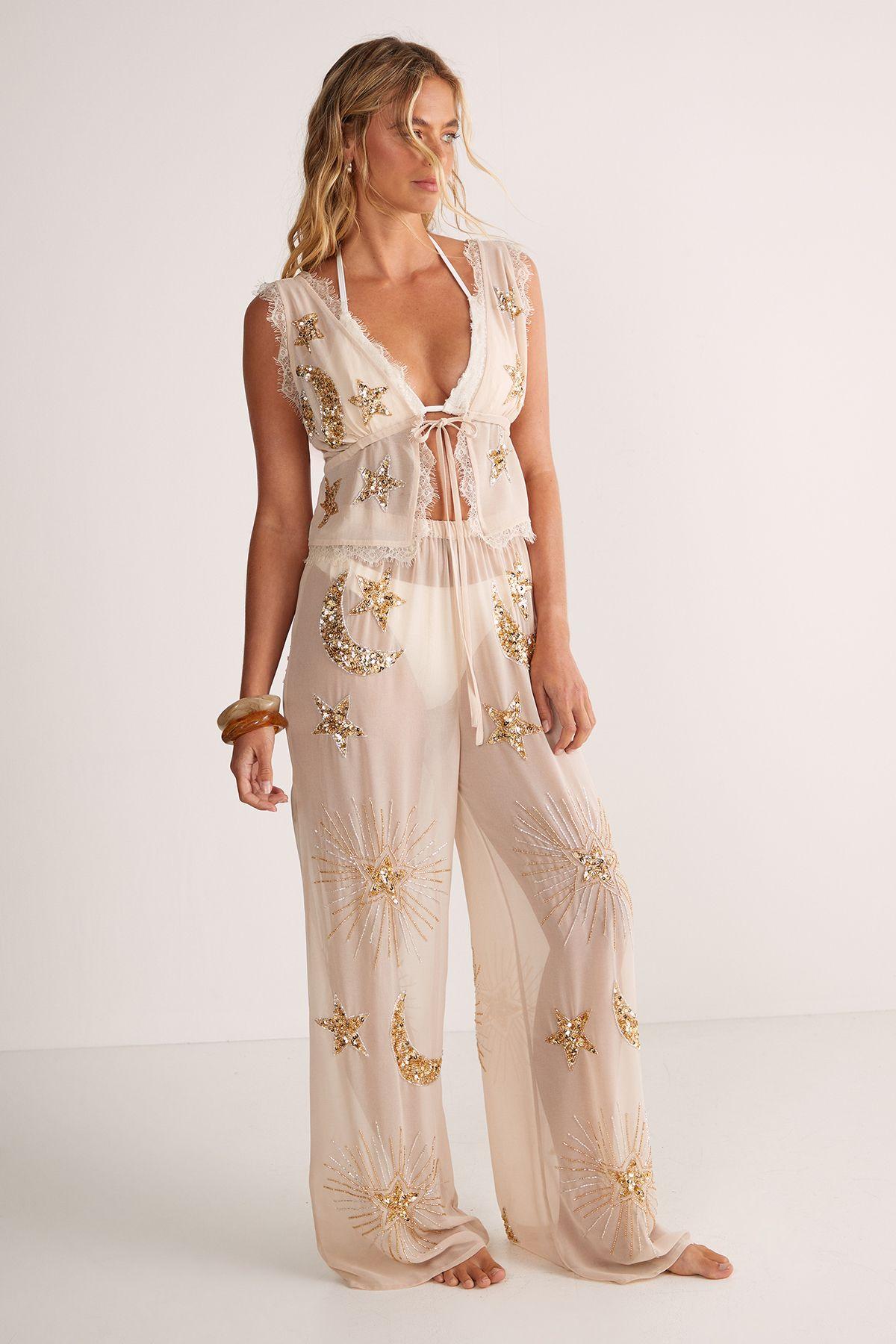 Embellished Moon & Star Wide Leg Beach Trouser by NASTYGAL