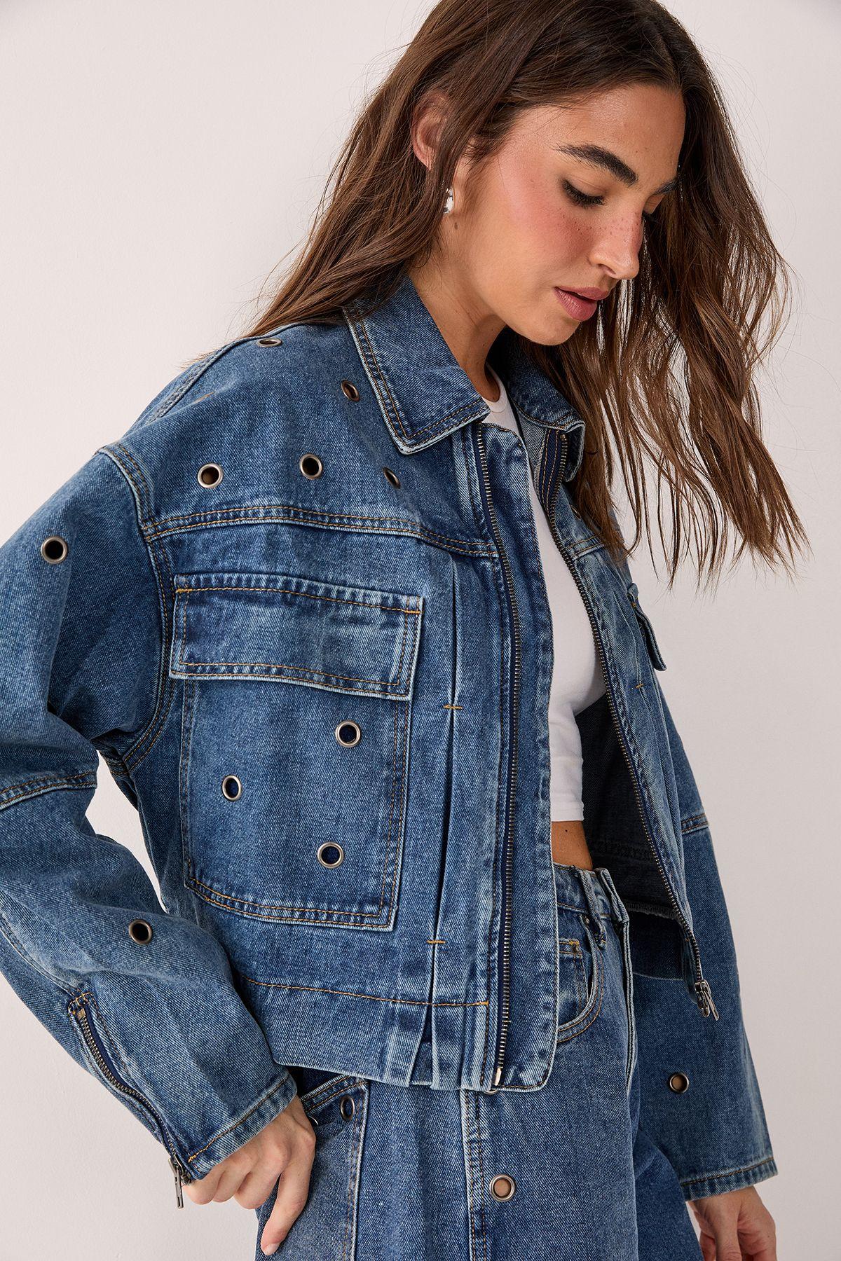 Eyelet Utility Zip Through Denim Jacket by NASTYGAL
