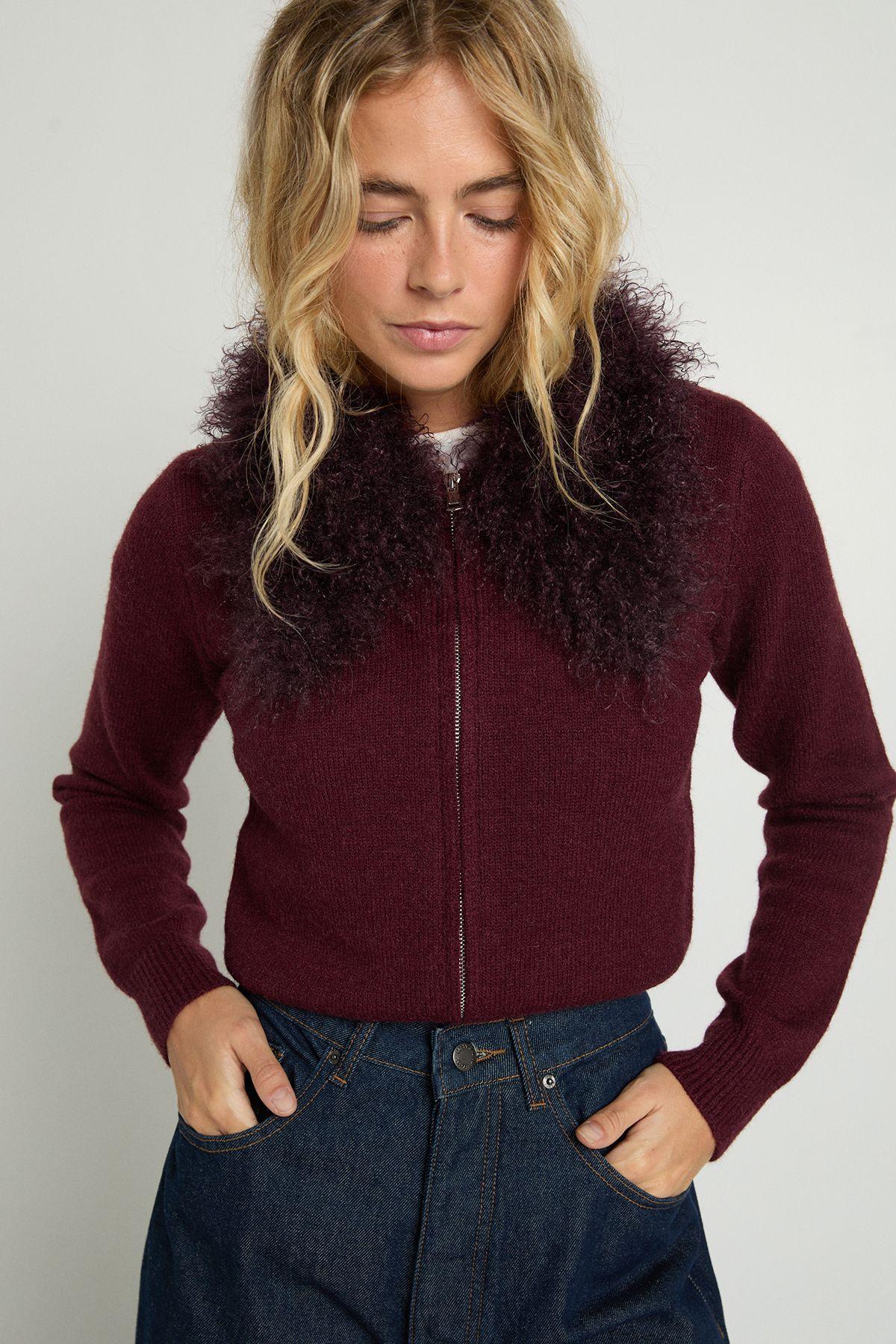 Faux Mongolian Collar Knitted Zip Bomber by NASTYGAL