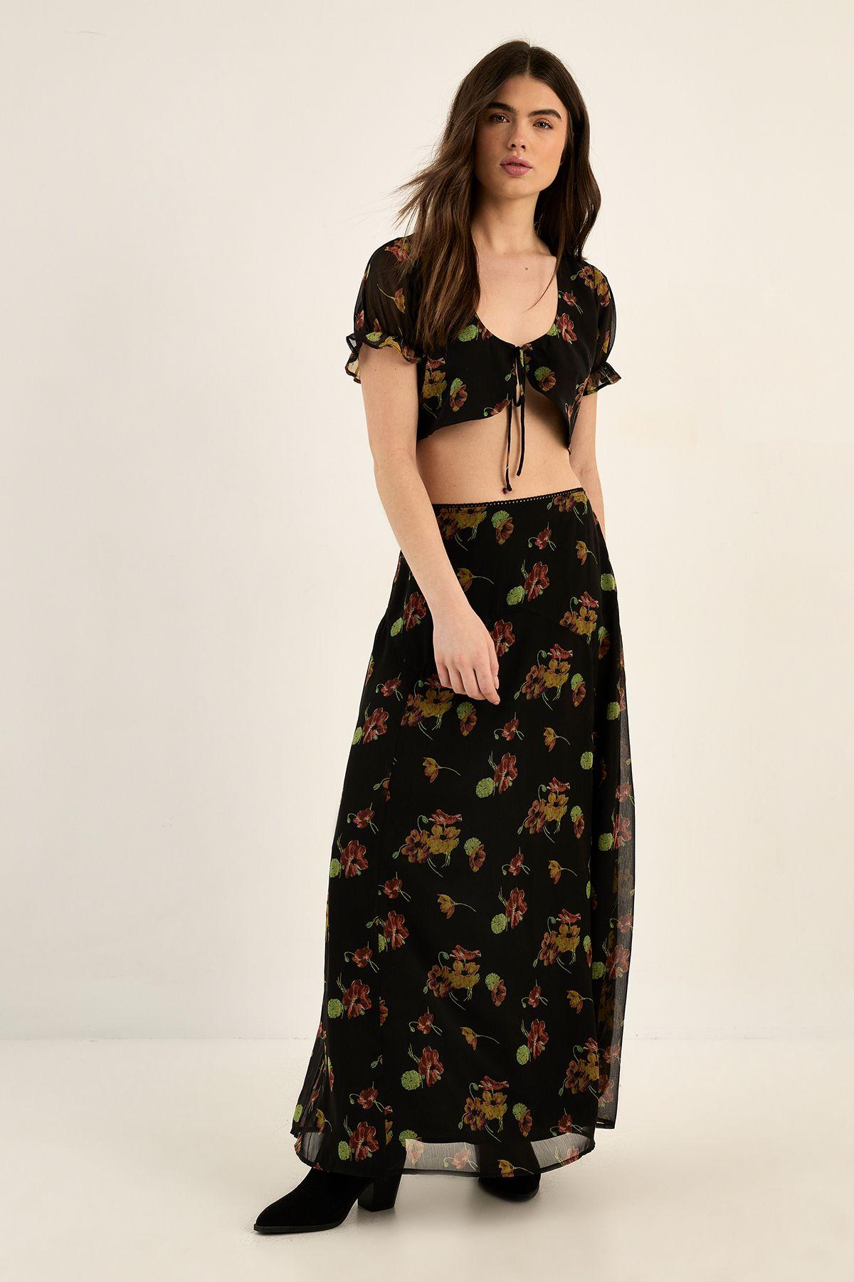Floral Chiffon Lace Trim Seam Detail Maxi Skirt by NASTYGAL
