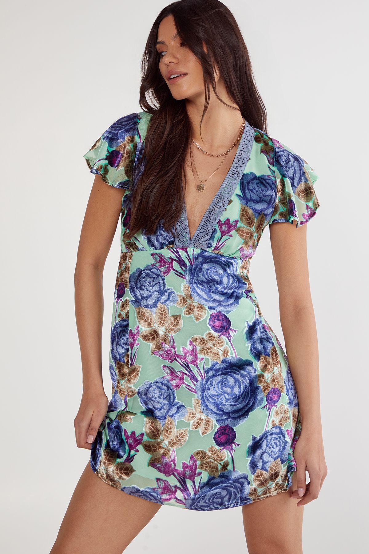 Floral Devore Lace Trim Cut Out Back Mini Dress by NASTYGAL