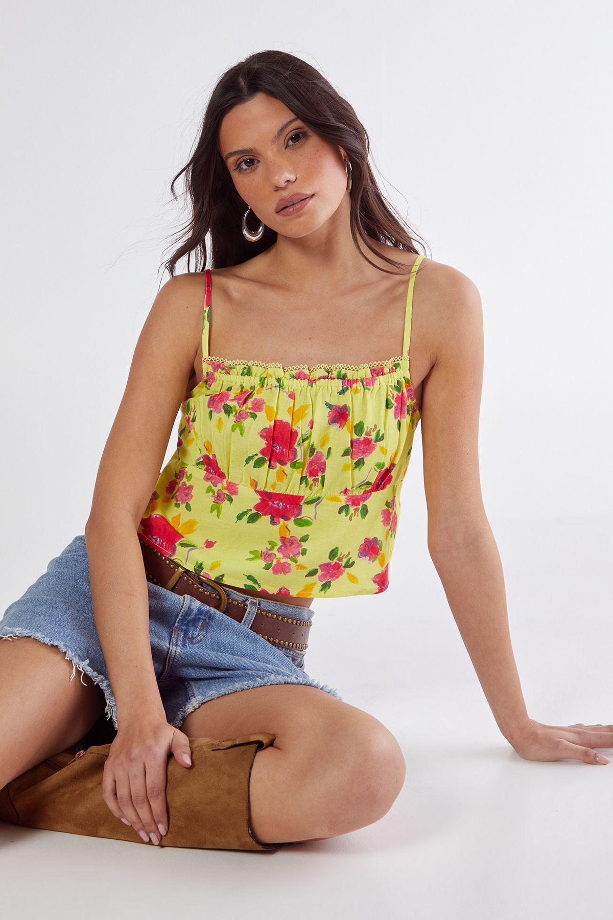 Floral Linen Mix Lace Trim Soft Corset Top by NASTYGAL
