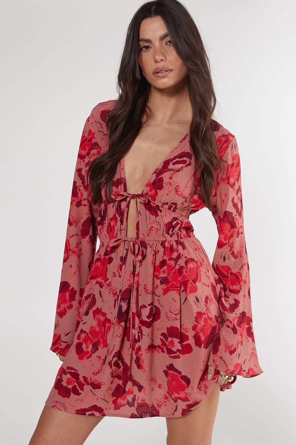 Floral Ruched Tie Front Fluted Sleeve Tunic Dress by NASTYGAL