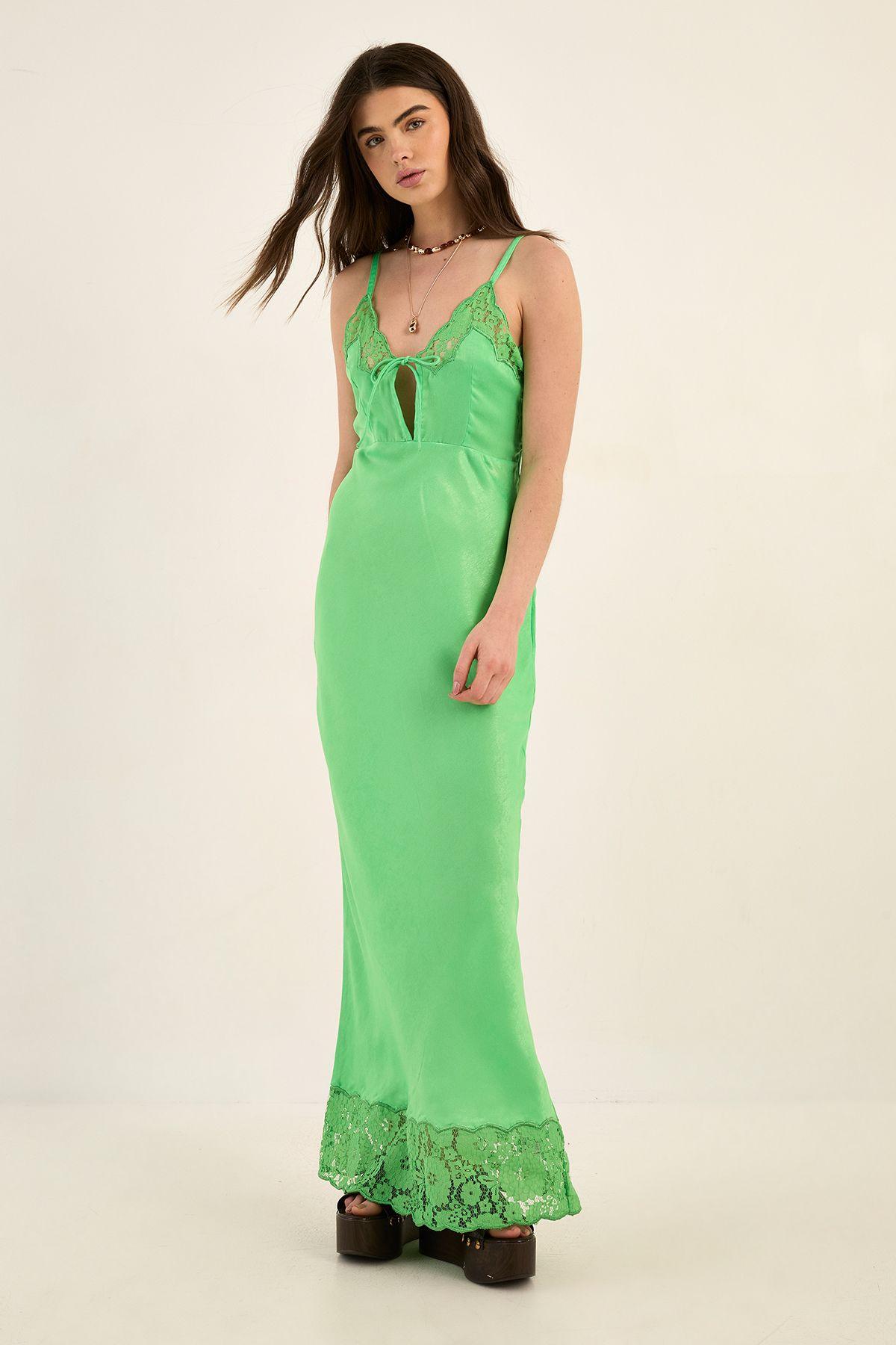 Hammered Satin Tie Front Lace Cutwork Maxi Dress by NASTYGAL