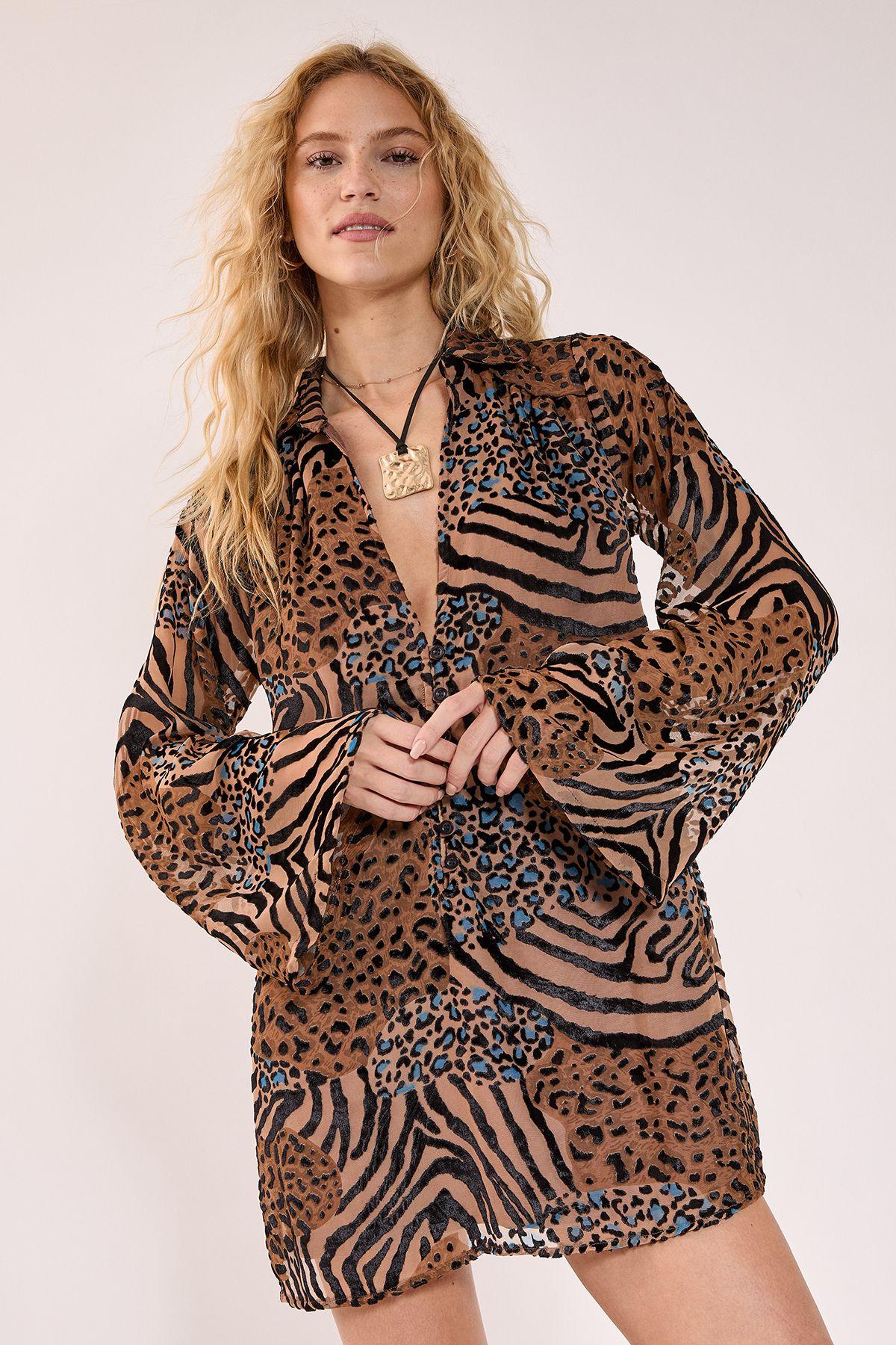 Mixed Animal Devore Button Down Mini Tunic Dress by NASTYGAL