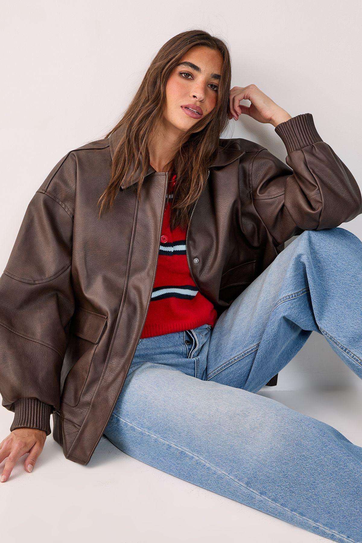 Oversized Longline Faux Leather Bomber Jacket by NASTYGAL Oversized Longline Faux Leather Bomber Jacket by NASTYGAL