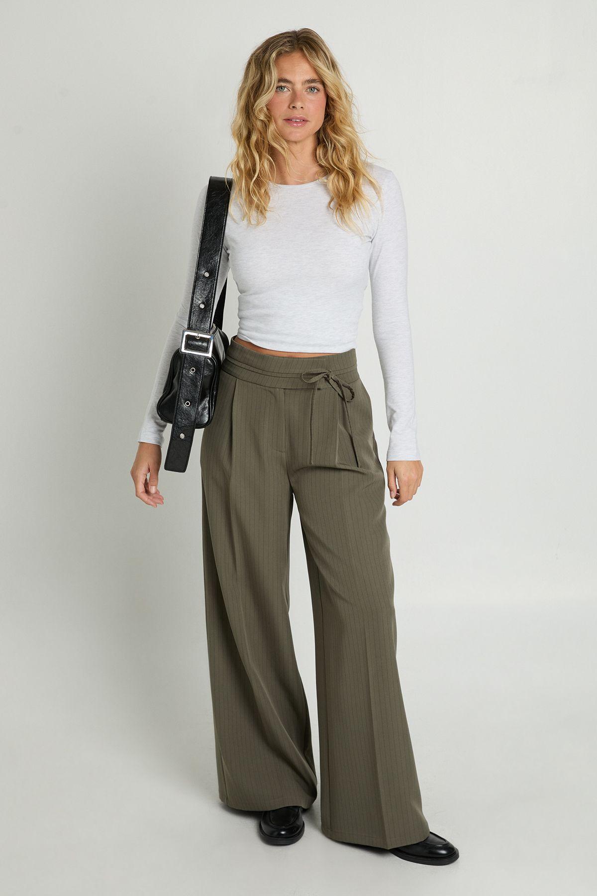 Pinstripe High Waisted Tie Detail Trousers by NASTYGAL
