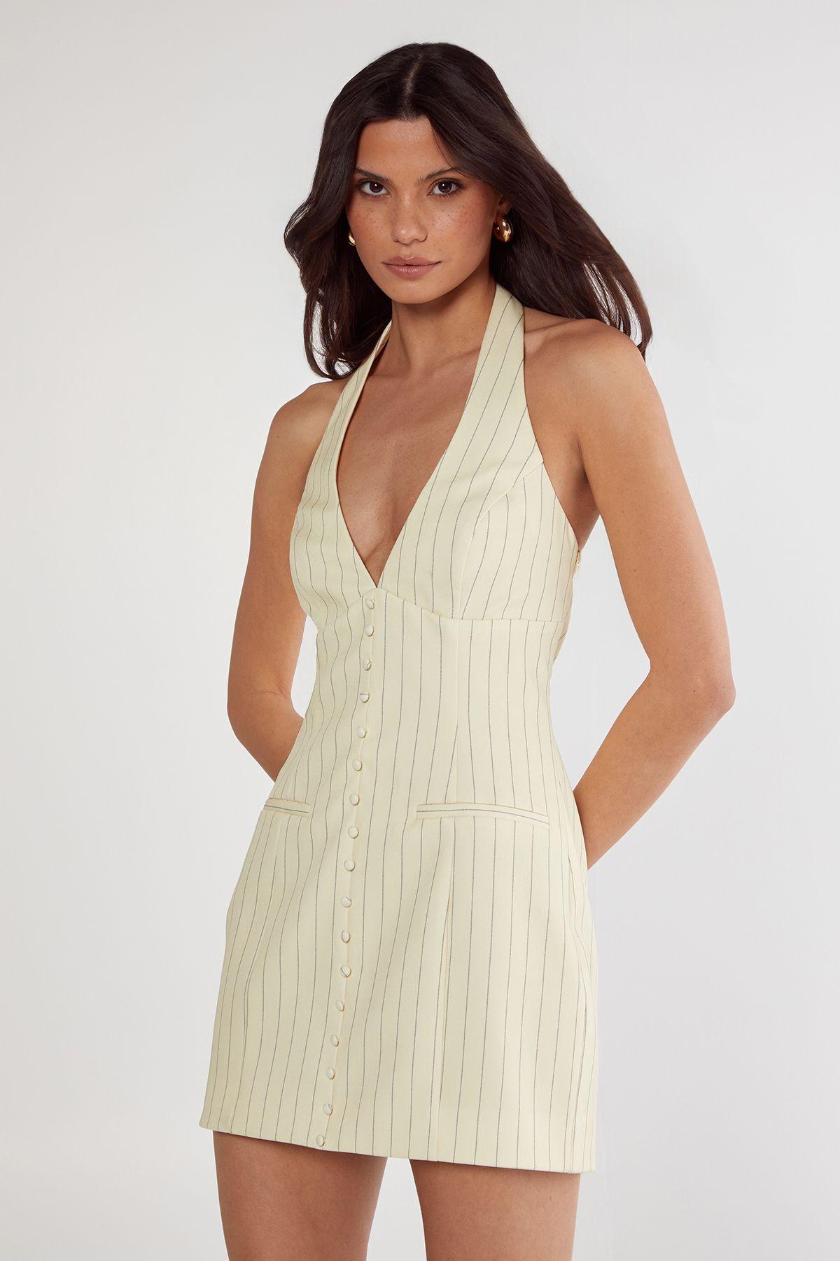 Pinstripe Tailored Halter Waistcoat Dress by NASTYGAL