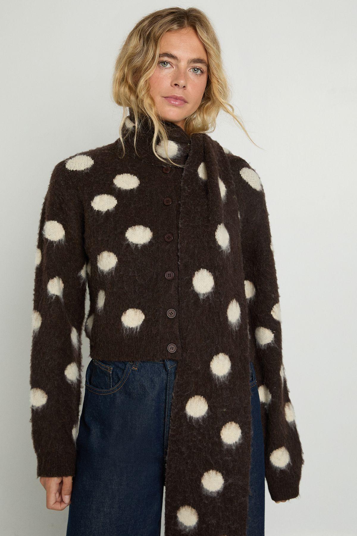 Polka Dot Brushed Cardigan and Scarf Co-ord by NASTYGAL