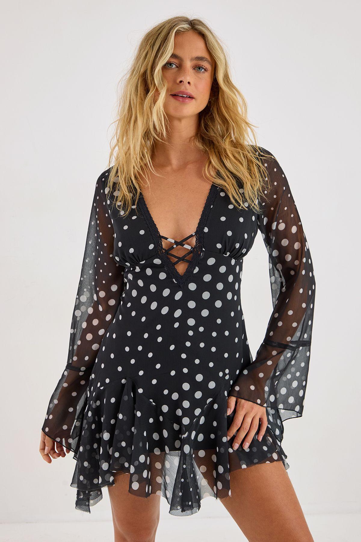 Polka Dot Godet Hem Fluted Sleeve Mini Dress by NASTYGAL
