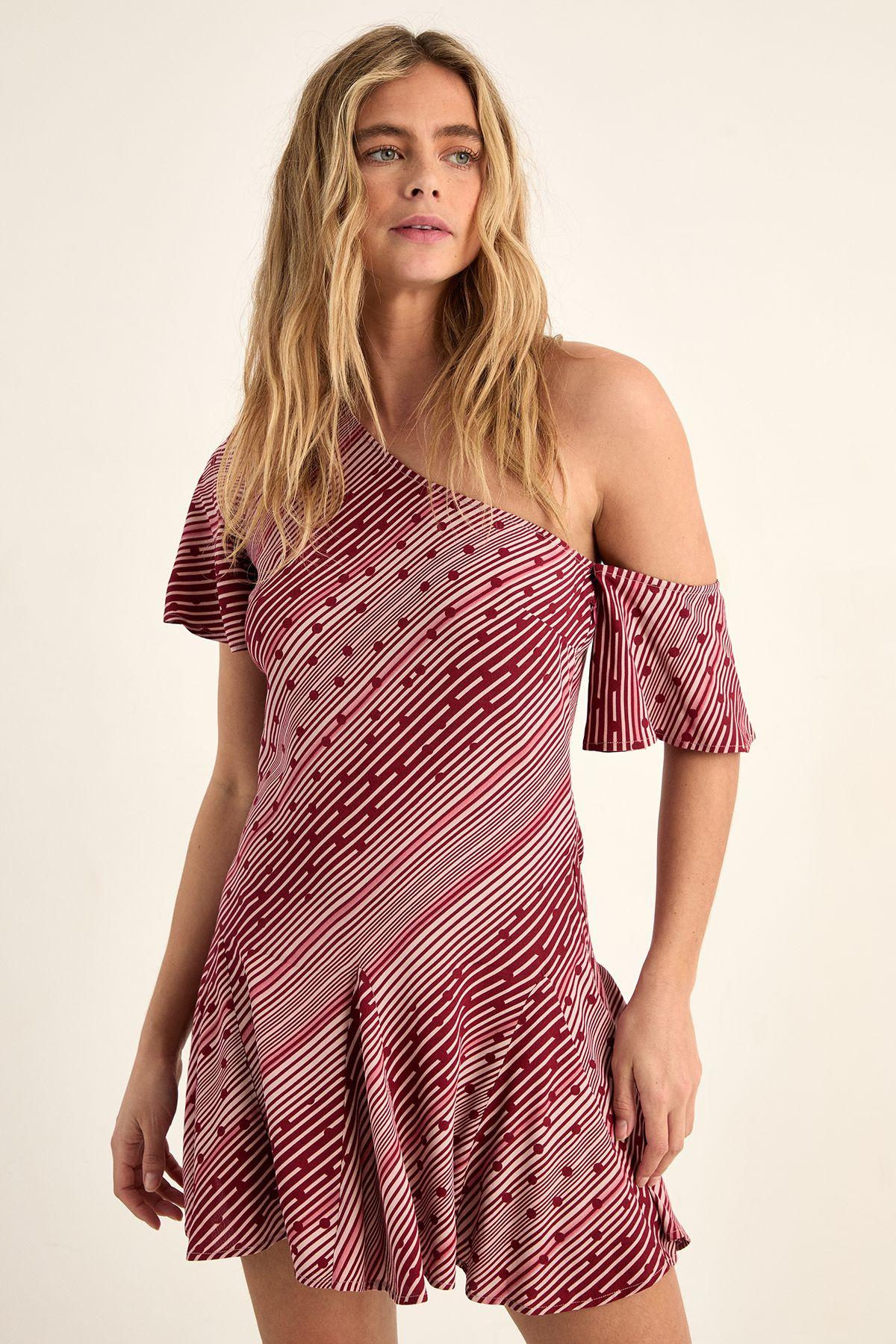 Polka Dot Stripe Mix Off The Shoulder Godet Hem Mini Dress by NASTYGAL