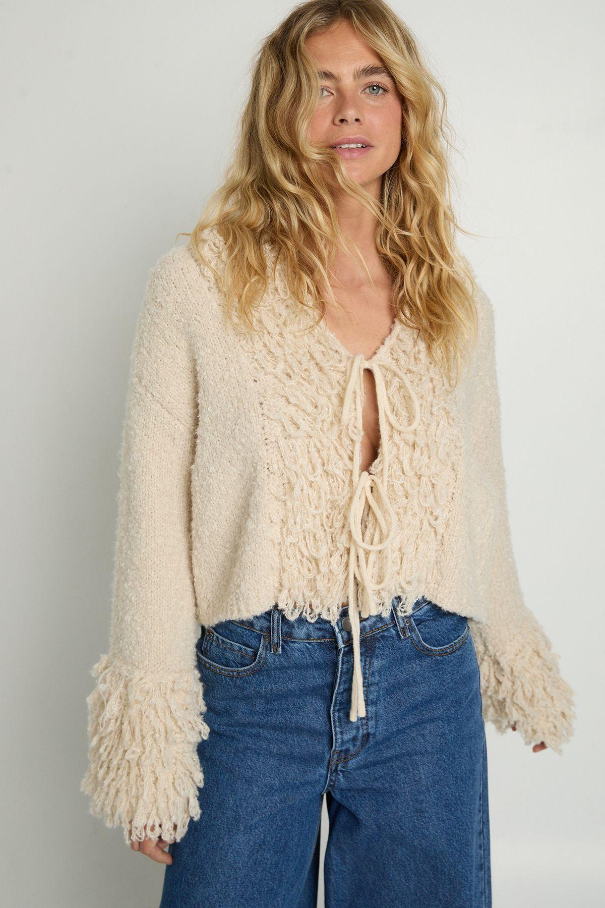 Popcorn Knit Loopy Panelled Tie Front Cardigan by NASTYGAL