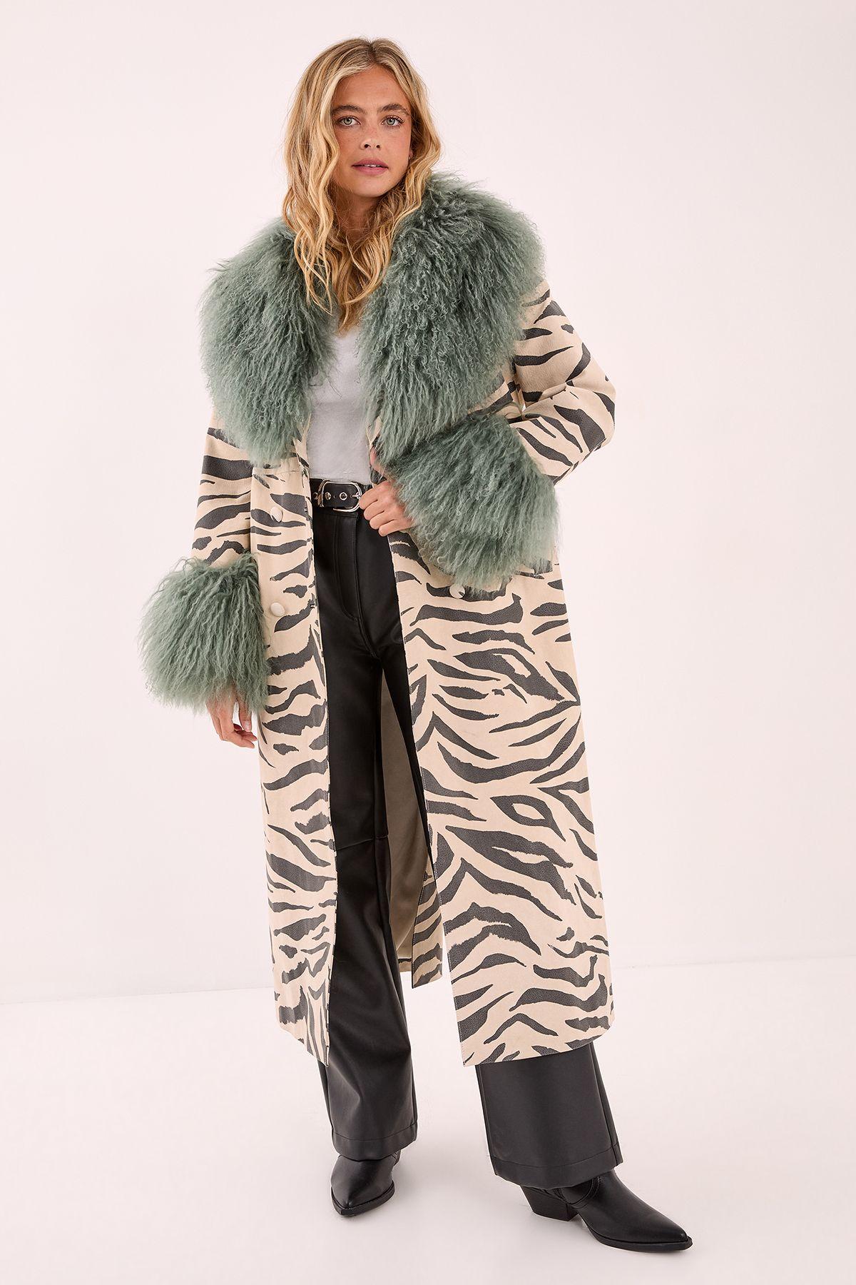 Premium Mono Zebra Real Suede Shearling Maxi Coat by NASTYGAL