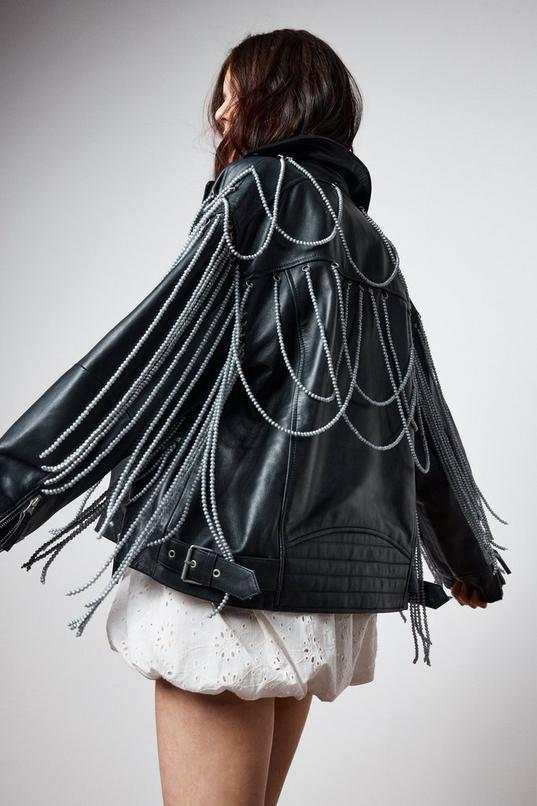 Real Leather Pearl Trim Detail Jacket by NASTYGAL