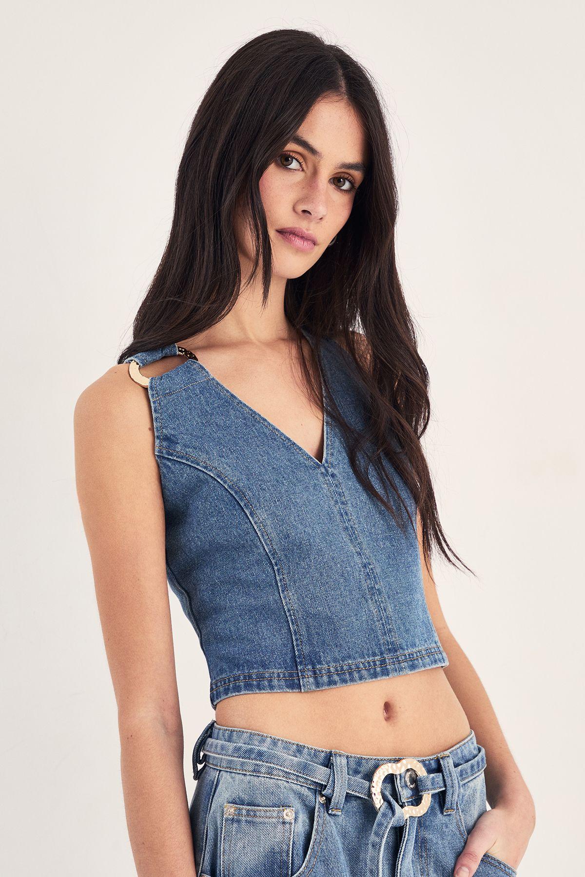 Ring Trim Detail V Neck Denim Top by NASTYGAL