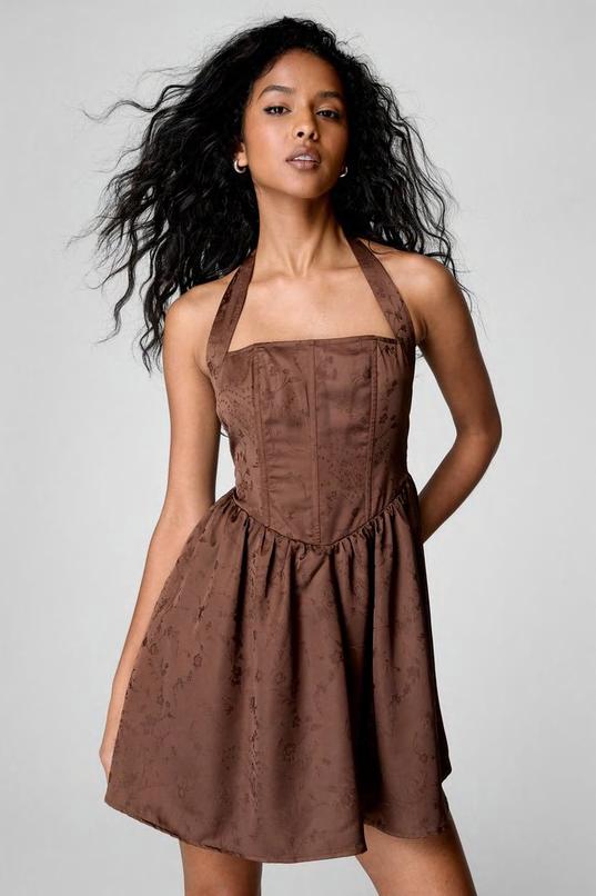 Satin Floral Jacquard Halter Neck Boned Corset Mini Dress by NASTYGAL