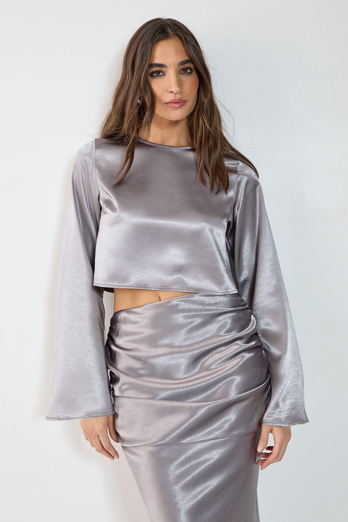 Satin Fluted Sleeve Top Co-ord by NASTYGAL