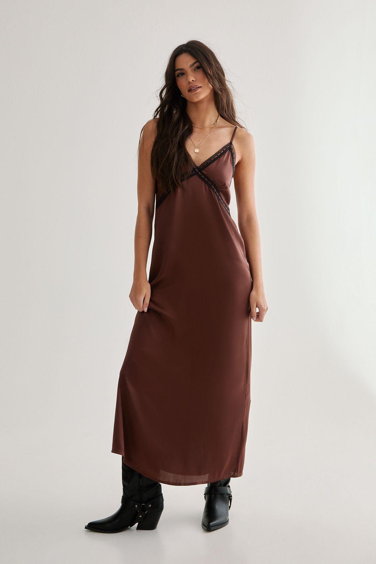 Satin Ribbon Lace Trim Maxi Slip Dress by NASTYGAL