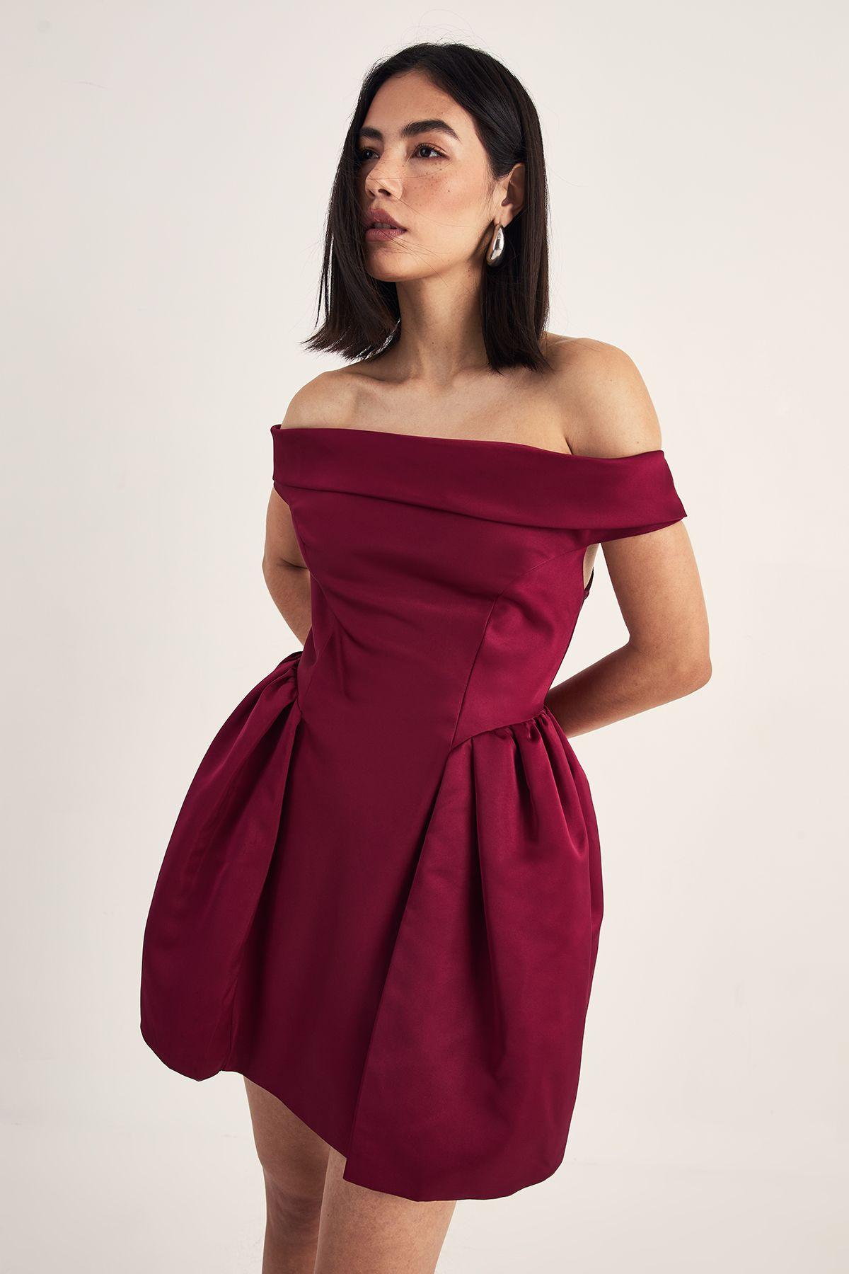 Satin Structured Bardot Lantern Mini Dress by NASTYGAL