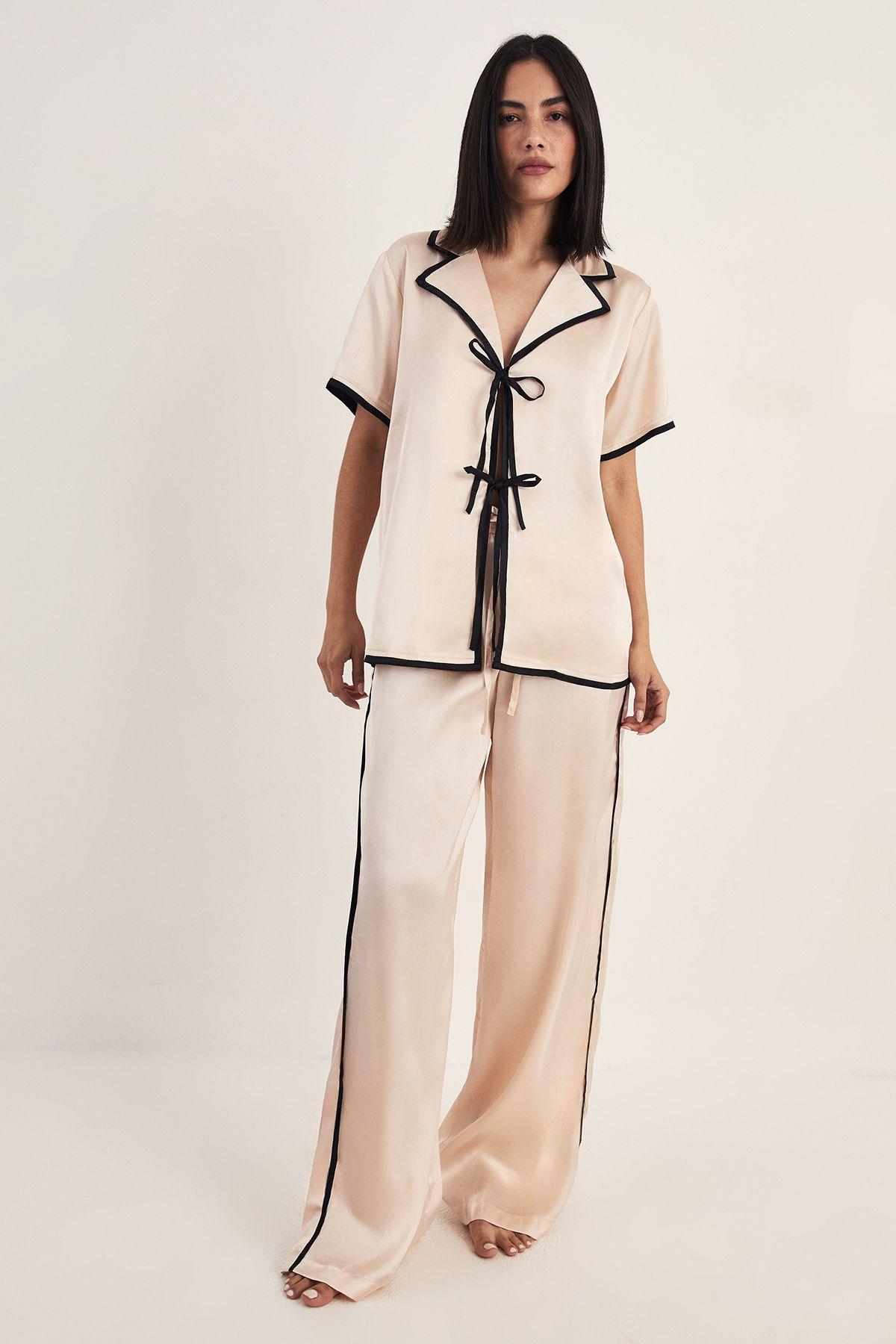 Satin Tie Detail Shirt and Pant Pajama Set by NASTYGAL