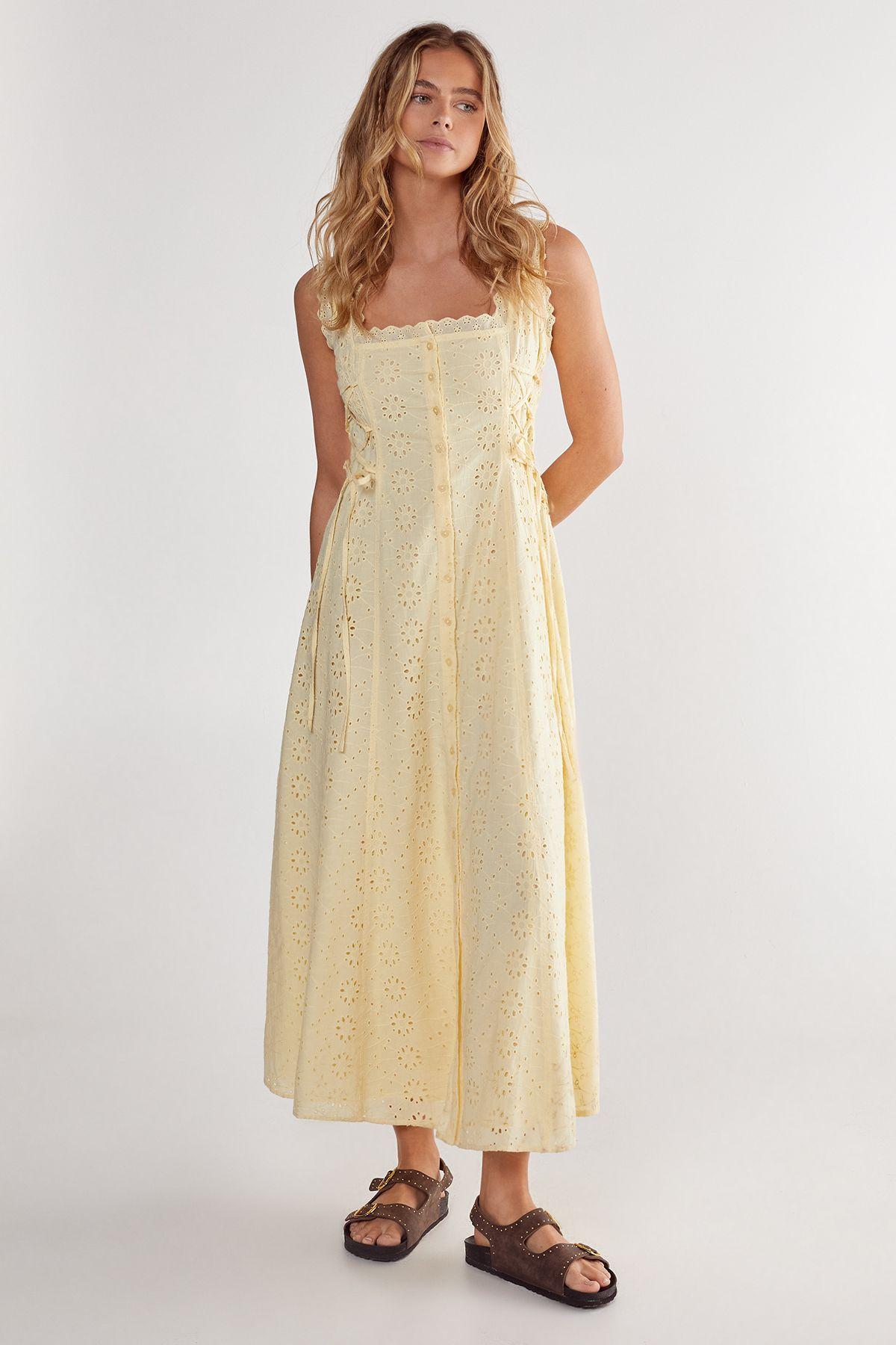 Soft Corset Broderie Lace Up Side Midi Dress by NASTYGAL