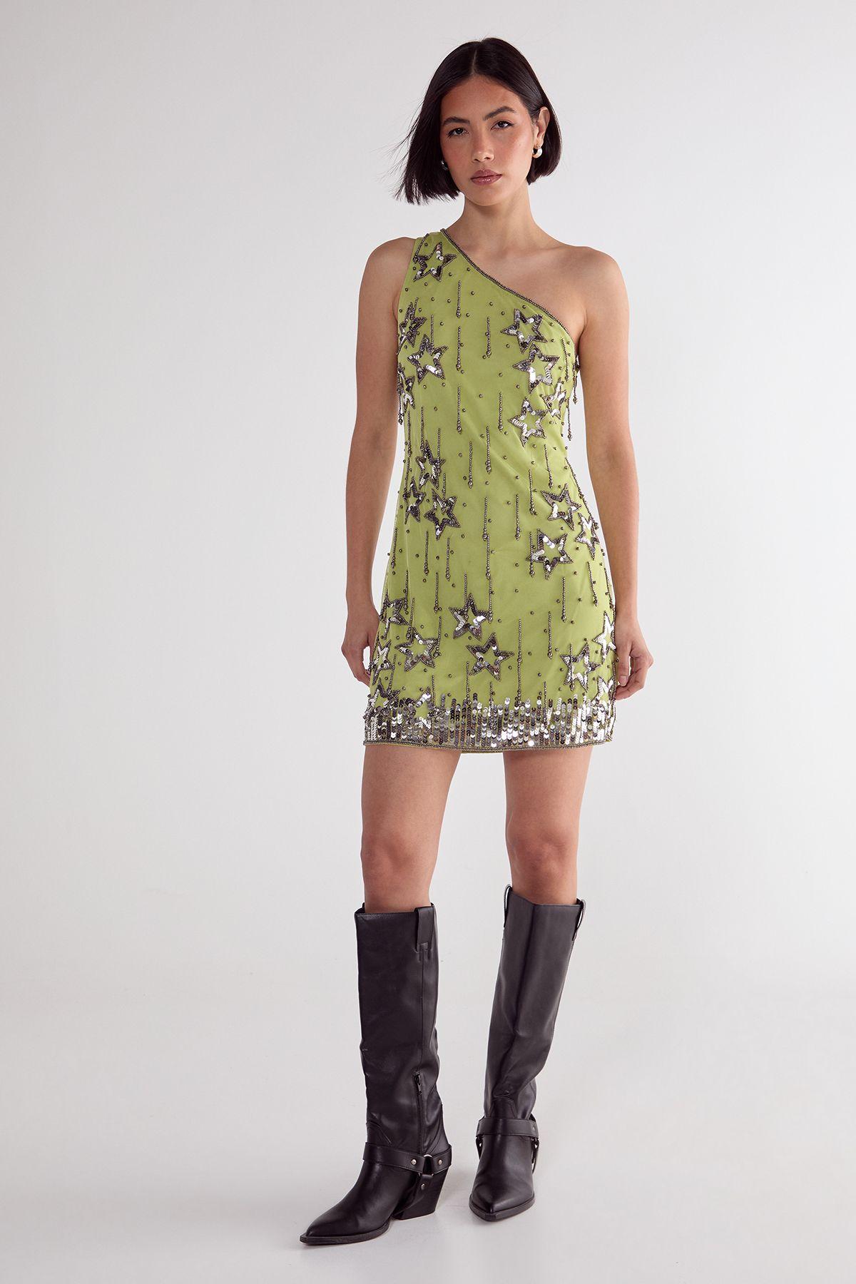 Star Sequin Tassel One Shoulder Mini Dress by NASTYGAL Star Sequin Tassel One Shoulder Mini Dress by NASTYGAL