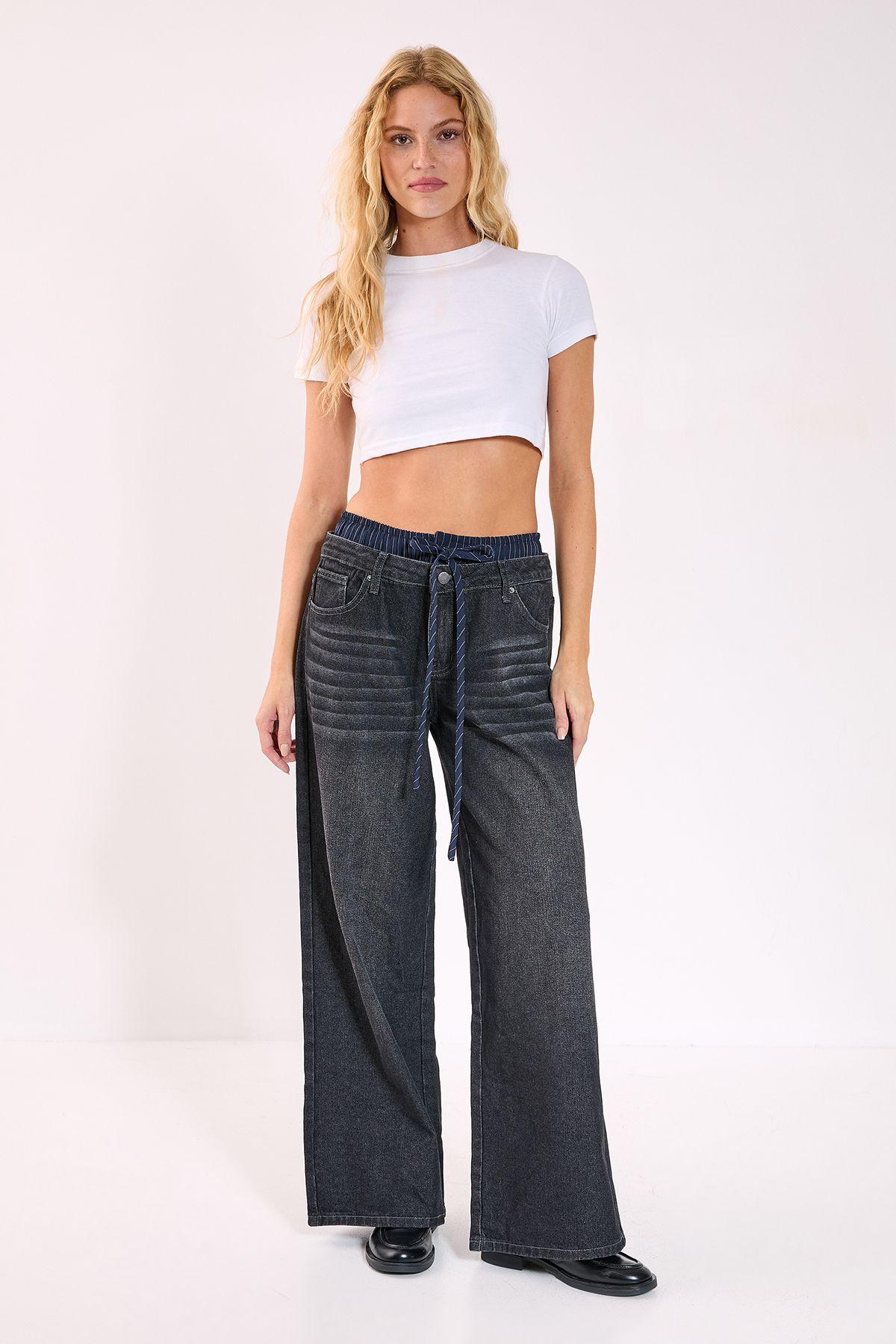 Stone Wash Boxer Stripe Waistband Wide Leg Jeans by NASTYGAL