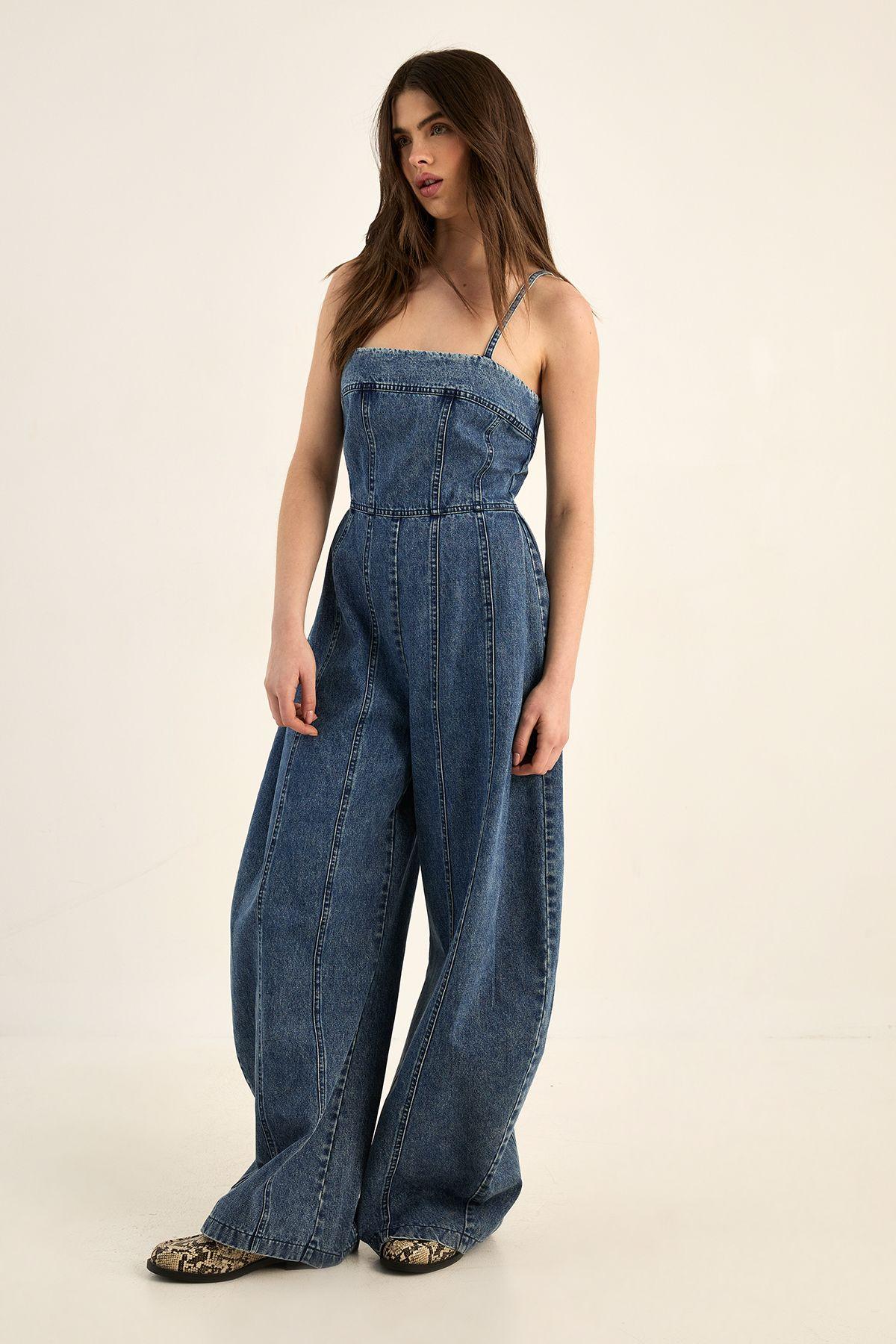 Strappy Seam Detail Wide Leg Denim Jumpsuit by NASTYGAL