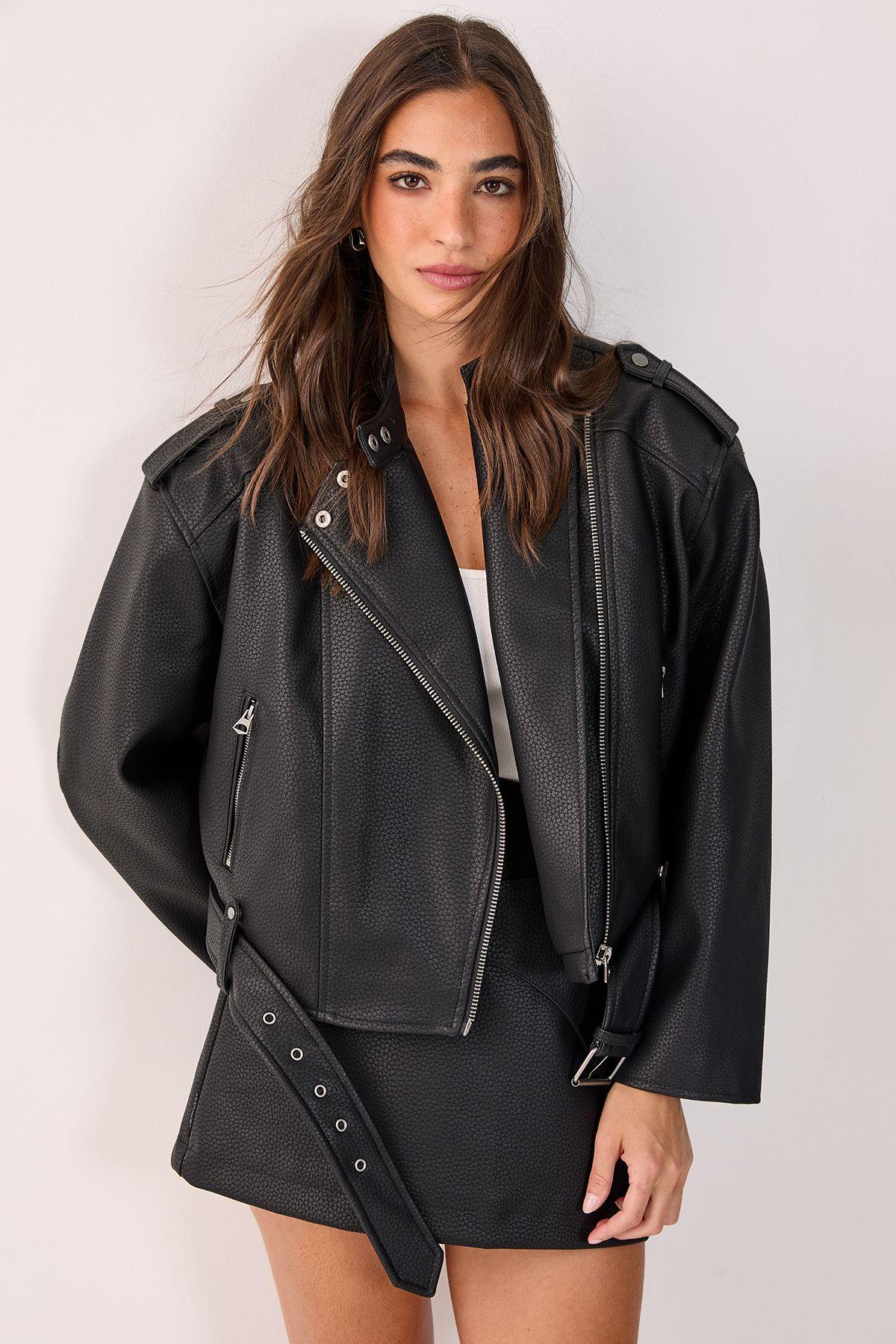 Textured Belted Cropped Faux Leather Biker Jacket by NASTYGAL