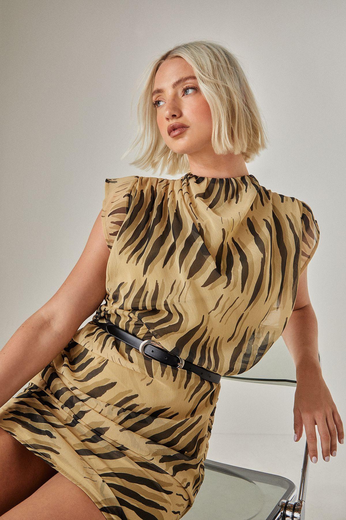 Tiger Chiffon High Neck Ruched Mini Dress by NASTYGAL